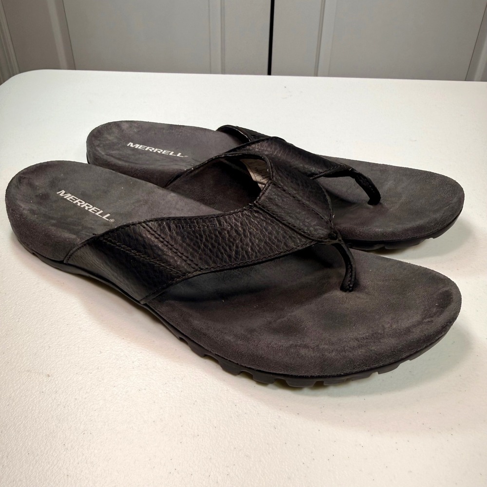 Merrell Mens Black Leather Flip Flop Sandals Performance Air Cushion Size 12